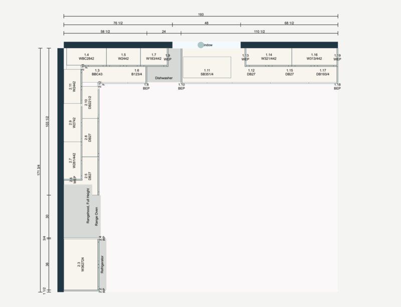 DodiHome design app — detailed floor plan with cabinet dimensions