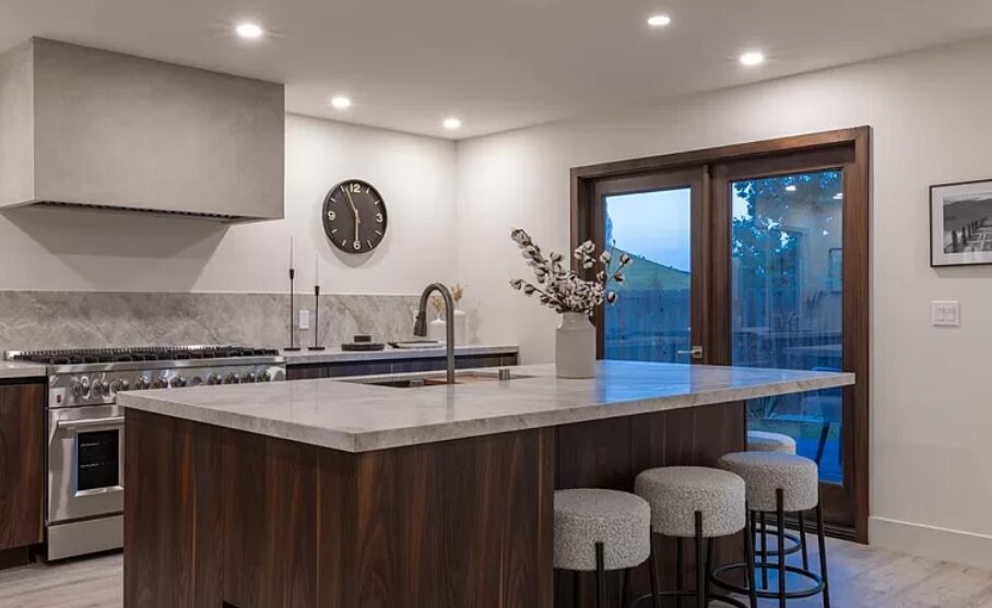 DodiHome custom kitchen with Cleaf Napa finish island and white upper cabinets