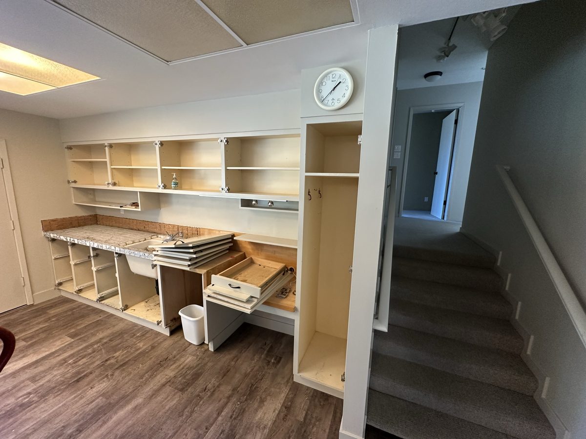 Seventh finished-room view of walnut kitchen, bar & home office cabinetry and surrounding surfaces