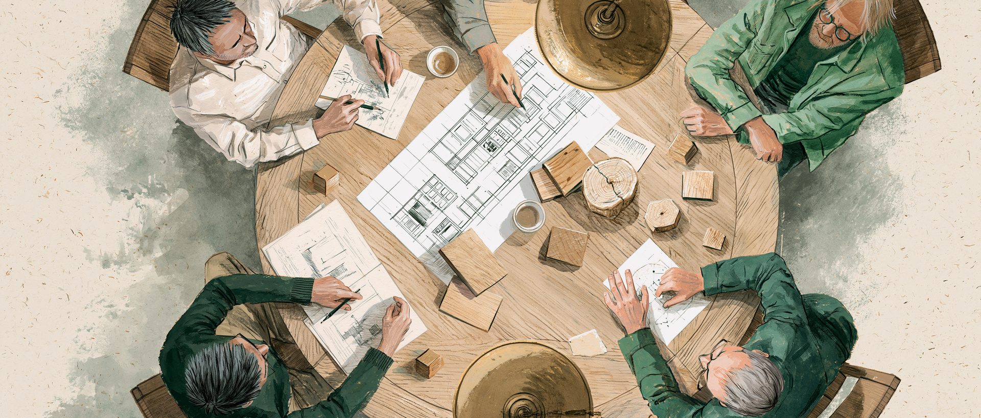 Illustration of five designers debating kitchen plans and wood samples around a round oak table, seen from above